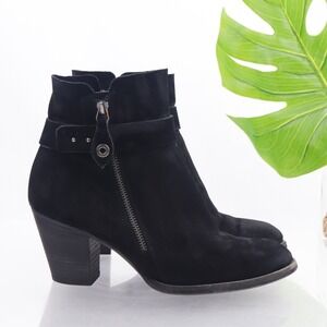 Paul Green Womens Dallas Boots Size 9 Black Suede Booties Strap Zip Block Heel